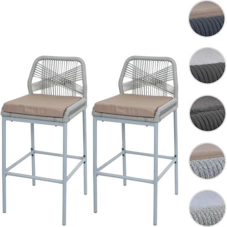 Mendler Rope-Barhocker HWC-O21, 2er-Set, Outdoor Sitzpolster Seilgeflecht Metall, Kissen taupe, Hellgrau, 101x45x52 cm – Bild 10