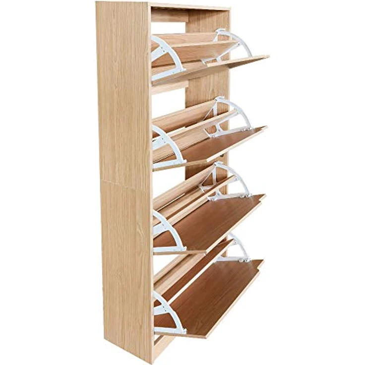 BAKAJI Schuhschrank mit 4 Klappen, Schuhregal, Schuhkipper, Schuhkommode 4 Tiefen Fächern, Verstellbar - Flur, Diele, Wohnzimmer, Schlafzimmer, 63 x 24 x 150 cm, platzsparend, Eingangshaus (Eiche) – Bild 5
