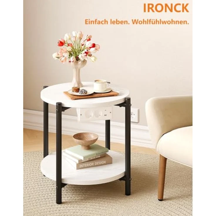 IRONCK Beistelltisch rund, Couchtisch mit Steckdose, Kleiner Tisch Holz, Wohnzimmertisch 2 Ablagen,Sofatisch,USB & Type-C-Anschluss, Metallrahmen, Nachttisch für Schlafzimmer (Weiß, 2 Stücke) – Bild 10