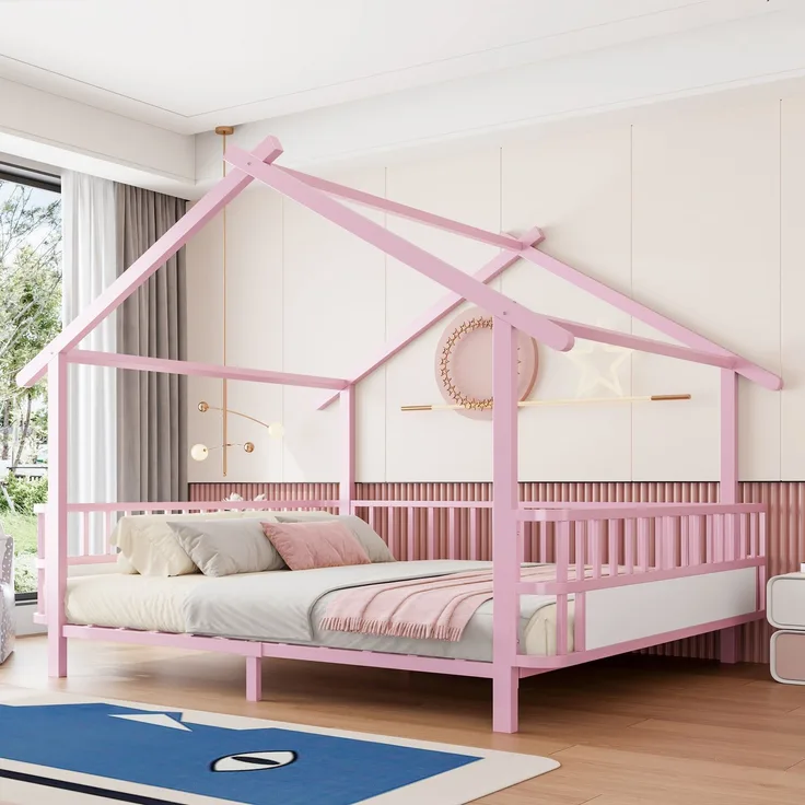 ZUBALIYA Kinderbett 140 × 200 cm, Metall, Schutzgitter, Rosa