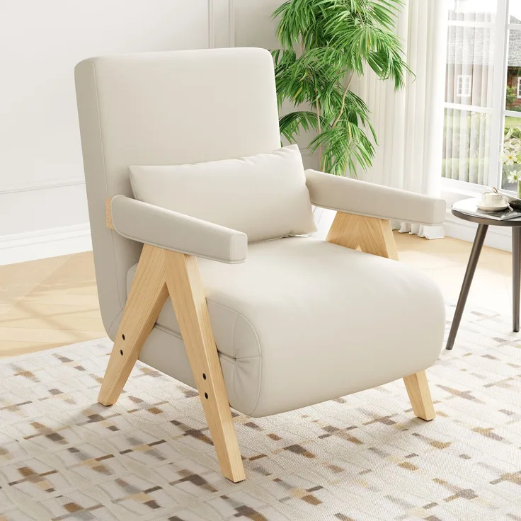 Sessel Leinen 3-in-1 verstellbar, 87 x 60 x 64 cm – Relaxsessel mit 6-stufiger Rückenlehne & Massivholzfüßen,Beige & Natur