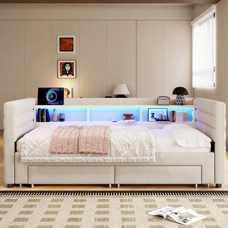 Tagesbett, Daybett, Schlafsofa, 90 × 190 cm, multifunktionales Ausziehbett-Design, USB- + Typ-C-Anschlüsse, mit zwei Schubladen, mehreren Staufächern, LED-Lichtleiste, Ohne Matratze, Samt, beige – Bild 6