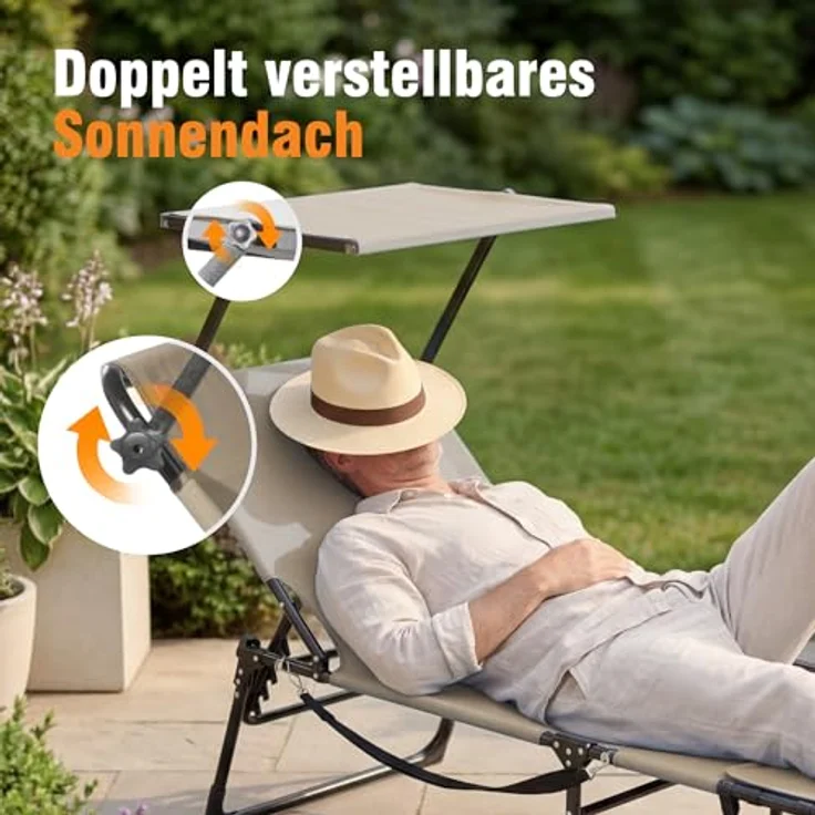 Homecall XXL Sonnenliege mit Gesichtsöffnung & Sonnendach, 200 x 70 cm Gartenliege für Bequeme Bauchlage, klappbarer Liegestuhl mit 4-Fach Verstellbarer Rückenlehne, bis 180 kg (1, Beige) – Bild 4