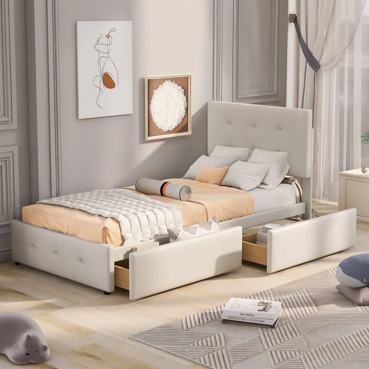 EINHOM Polsterbett 90 x 200 cm Bett mit Lattenrost, Rückenlehne und Zwei Schubladen, Hautfreundlicher Samtstoff Beige Flaches Einzelbett Kinderbett Jugendbett Gästebett, (Ohne Matratze)