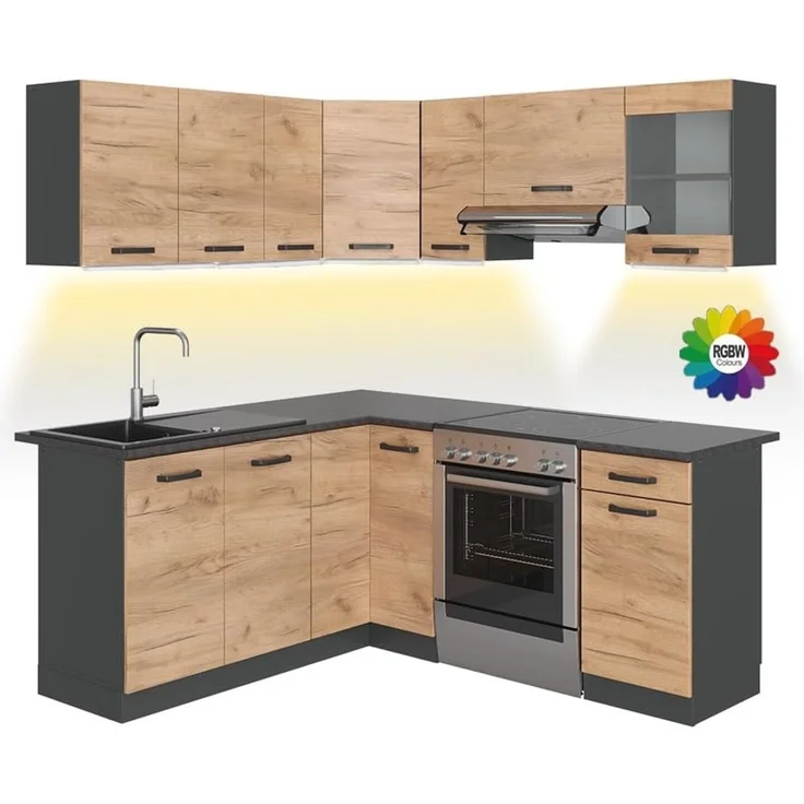 Eckküche R-Line Goldkraft Eiche/Anthrazit 187 x 167 cm, AP Anthrazit mit LED-Leisten Vicco – Bild 1