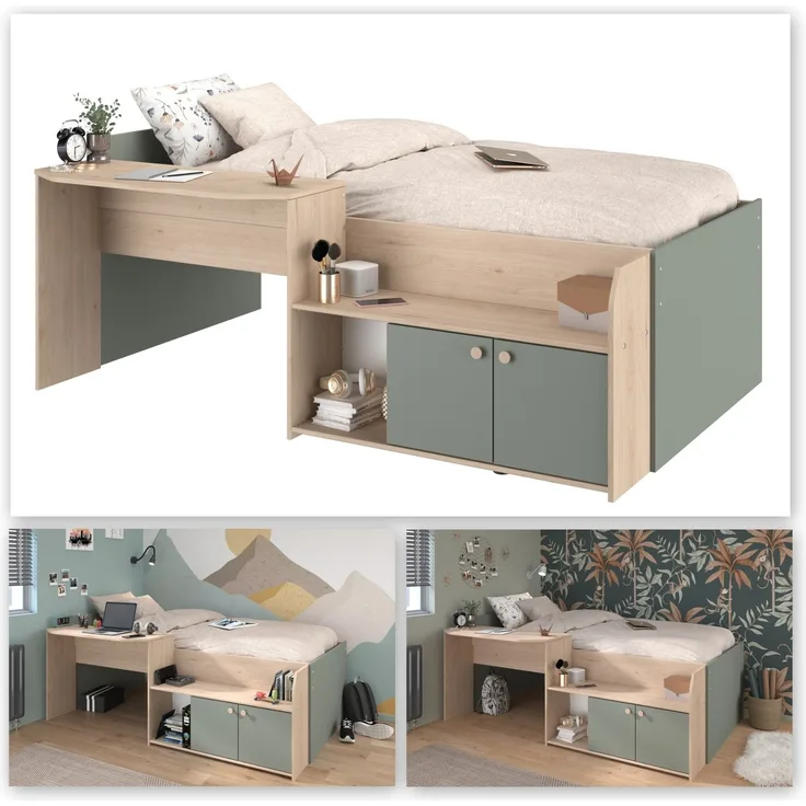 Hochbett >Jade< Liegefläche 90x200cm, Grün - Eiche Dekor - 203x136x79cm (LxBxH)