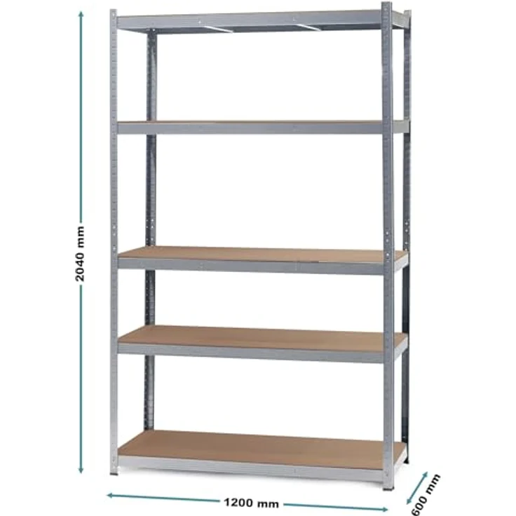 Wiltec Schwerlastregal 120 x 60 x 204 cm, 200kg/Ablage, Steckregal verzinkt aus Stahl, Lastenregal mit 5 Ablagen, Werkstattregal – Bild 4