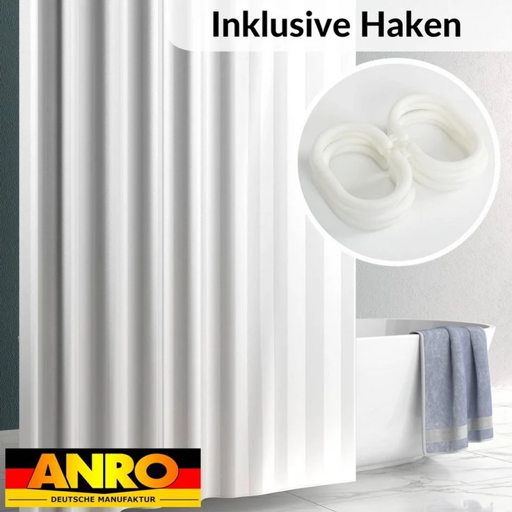 ANRO Duschvorhang aus Italien hochwertiger Badevorhang Textil mit Ösen und Haken Breite 120 cm (Packung, 1-tlg, Duschvorhang inkl. Aufhängeringe), robuster Vorhang Stangenaufhängung in Größe 200x120cm in weiß – Bild 2