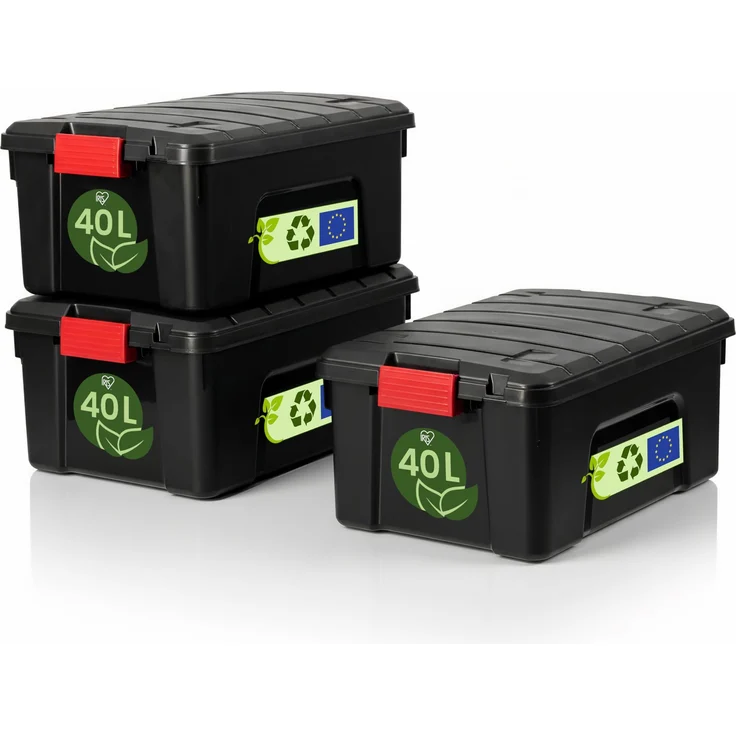 Iris Ohyama, Große Kunststoff-Aufbewahrungsbox, 40L, Garagen-box, Schwarz, Stapelbar, Robuste Schnappverschlüsse mit Griffen, SIA-40