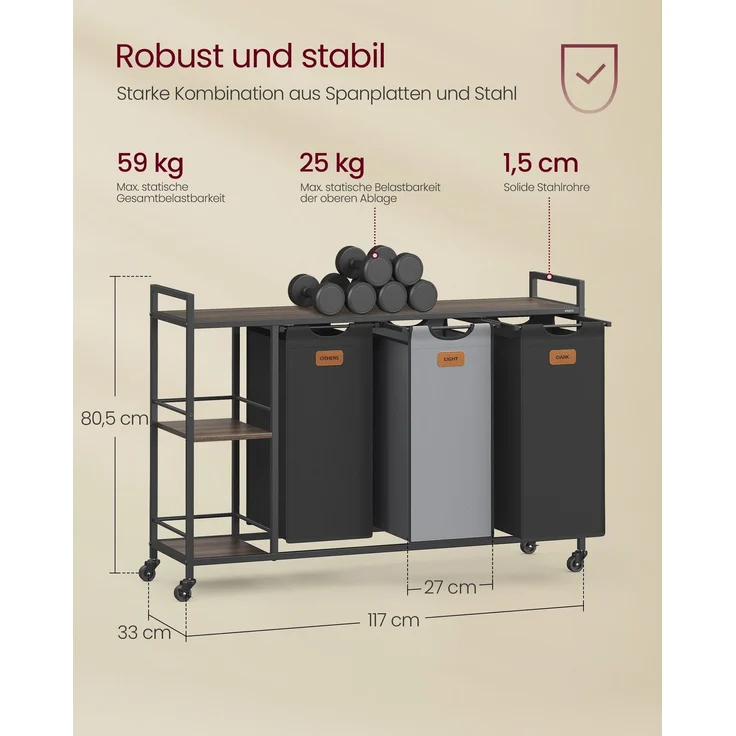 VASAGLE Wäschekorb 3 Fächer, Wäschesammler 150 L, Wäschesortierer, Rollen, Wäschewagen mit Ablagen, Wäschesack, mit abnehmbaren Taschen, 6 Etiketten, kastanienbraun-tintenschwarz-taubengrau – Bild 5