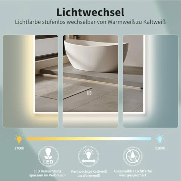 HOKO Badspiegel mit Beleuchtung, LED Wandspiegel 50x90 cm / 60x100 cm, IP44, Schwarz/Gold/Weiß, dimmbar mit Touch-Sensor und Memory-Funktion, hoch- und quer montierbar – Bild 4