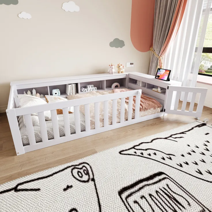 Multifunktionales Kinderbett 90 x 200 cm, mit reichlich Staufächern und Stauraum, mit Sicherheitsgitter und Türchen, Rundum-Sicherheitsschutz, Massivholzbett mit Lattenrost, Einzelbett, Weiß