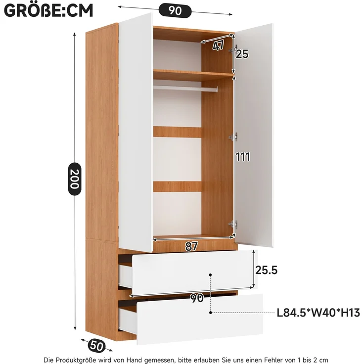 Kleiderschrank mit oberem Staufach, Garderobenschrank, 90 x 50 x 200 cm, mit 1 Kleiderstange, 2 Schubladen und 2 Türen, moderner Hochschrank für Schlafzimmer, Flur, Kinderzimmer oder Büro (Eiche/Weiß)--Weiß--90x50x200cm--YOUDENOVA – Bild 9