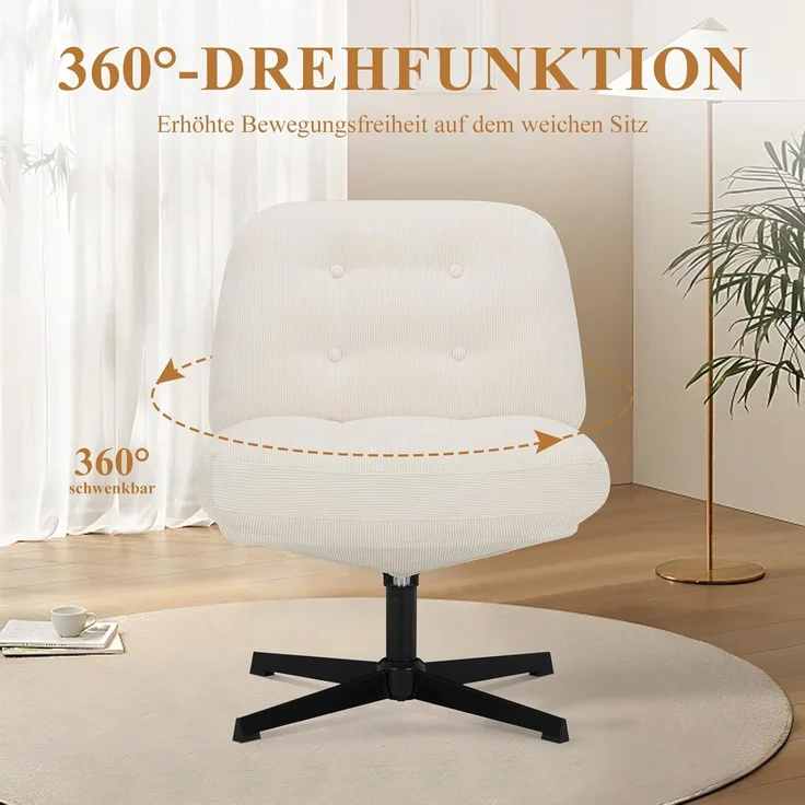 COLAMY Ergonomischer Bürostuhl Ohne Rollen, Schneidersitz Stuhl, Criss Cross Chair, 360° Drehbar Lehnstühle Lounge, Schminktisch Stuhl für Home Office, Weiß – Bild 5