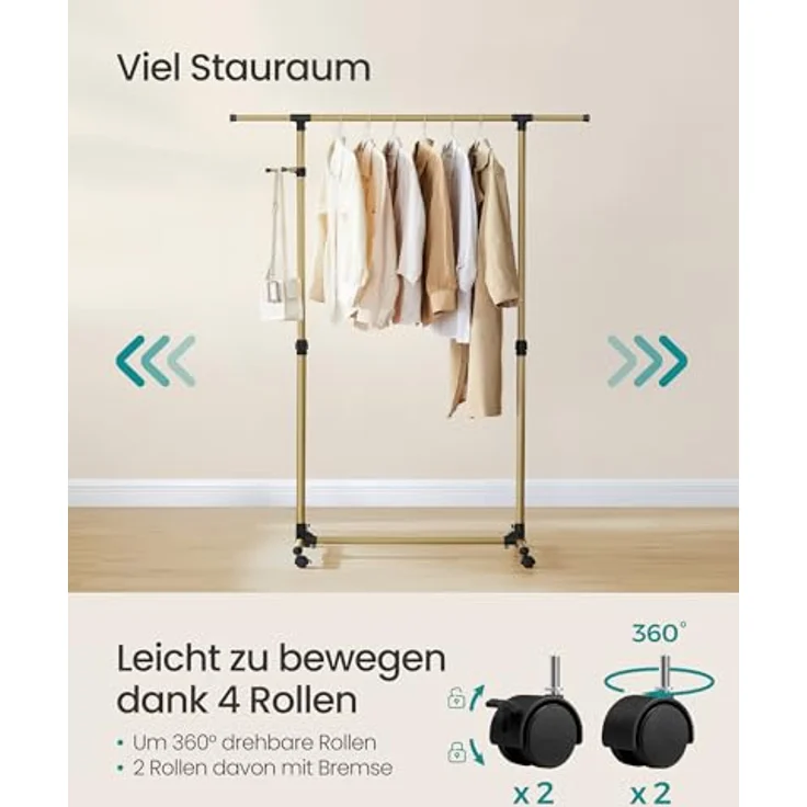 SONGMICS Kleiderständer auf Rollen, Kleiderstange, höhenverstellbar zwischen 97 und 165 cm, ausziehbare Garderobenstange, Garderobenständer, seitliche Haken für Accessoires, blassgold LLR001A01 – Bild 4