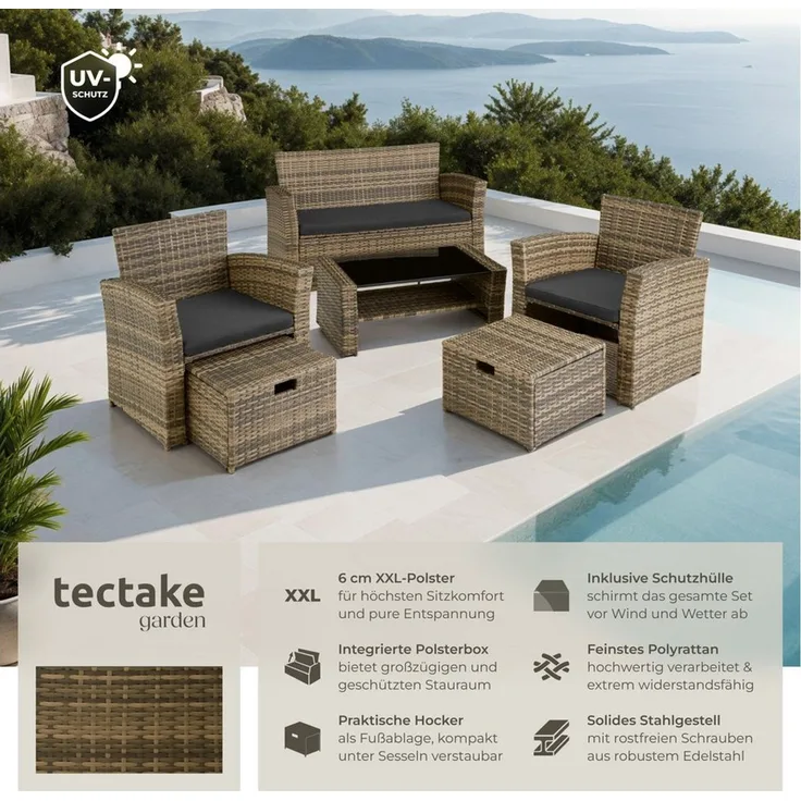 tectake Sitzgruppe Rattan Sitzgruppe, (Set, 6-tlg), für 4 bis 6 Personen
