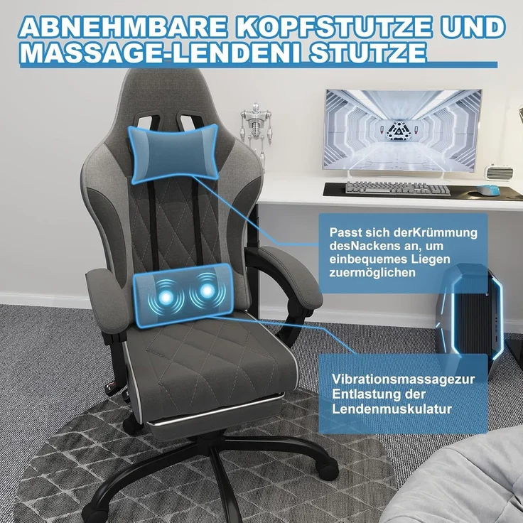 JUMMICO Gaming Stuhl Stoff mit Federpolsterung, Ergonomischer Bürostuhl mit Massager. Gaming Chair mit Kopfstütze, Fußstütze, Höhenverstellbar. Gamer Stuhl 150 kg belastbarkeit. Dunkelgrau – Bild 7