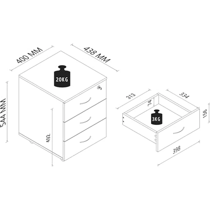 MID.YOU Rollcontainer Baula, Eiche dunkel, Metall, 3 Schubladen, 40x54x44 cm – Bild 3