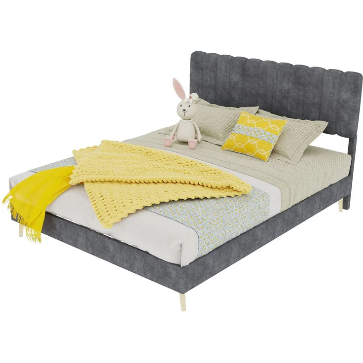 Novelux Polsterbett 140x200 cm mit Weichem Kopfteil – Stabiles Plattformbett aus Holz & Samt Grau, Modernes Minimalistisches Bettgestell ohne Matratze