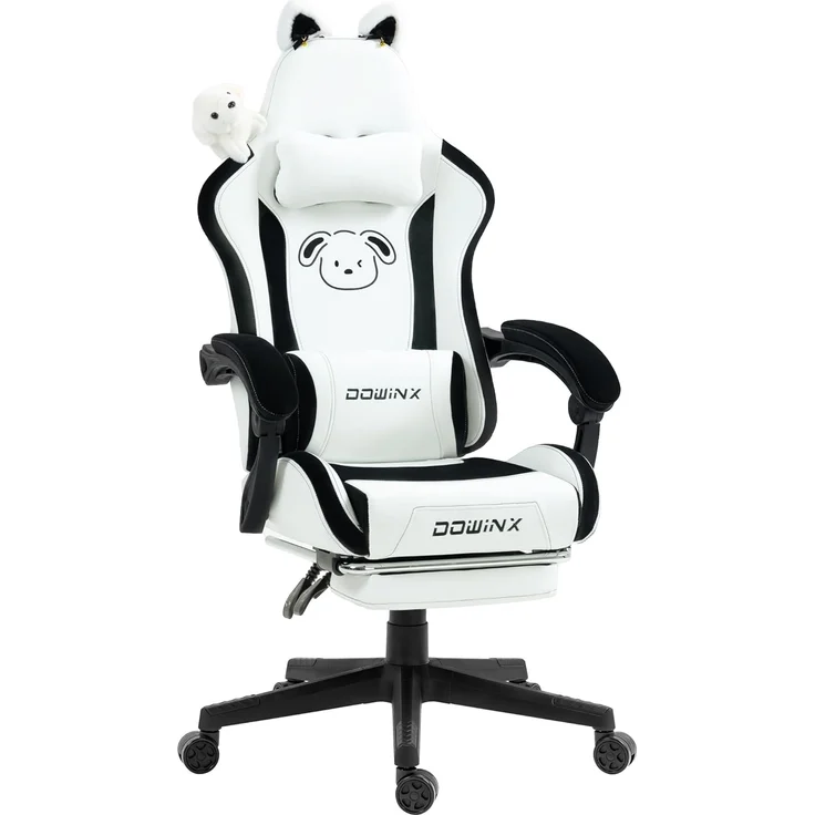 Dowinx Gaming Stuhl - Süße Hund Edition - Ergonomischer Computerstuhl mit Hoher Rückenlehne und Lendenwirbelstütze, PU-Leder, Fußstütze, Weiße Hund – Bild 1