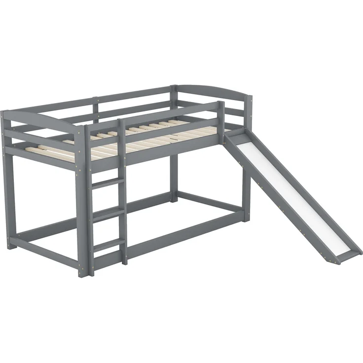 Etagenbett Kinderbett mit Rutsche 90x200 cm, Doppelstockbett für Jugendliche, platzsparendes Hochbett mit Geländer, Leiter beidseitig montierbar,Grau – Bild 8