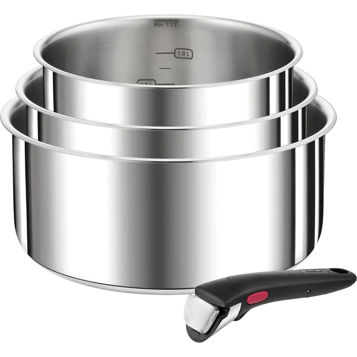 Tefal Topf-Set Ingenio Preference, Topfset Induktion, abnehmbarer Griff, platzsparend, Edelstahl (Set, 4-tlg, 3x Stielkasserollen Ø 16/18/20 cm, 1x abnehmbarer Griff), stapelbar, hochwertiger Edelstahl, für alle Herdarten geeignet, L898S4 – Bild 1