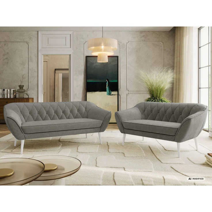 Skandinavisches Sofa Set PIRS 3-2, Komplettset, Wellenfederung, weiße Füße, Sitzgruppe, Polstermöbel Set - Grau Stukture – Bild 4
