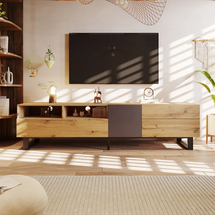 TV-Schrank 180 cm Eiche und Anthrazit, modernes Lowboard mit Flügeltür, Schubladen und offenen Fächern – Bild 2