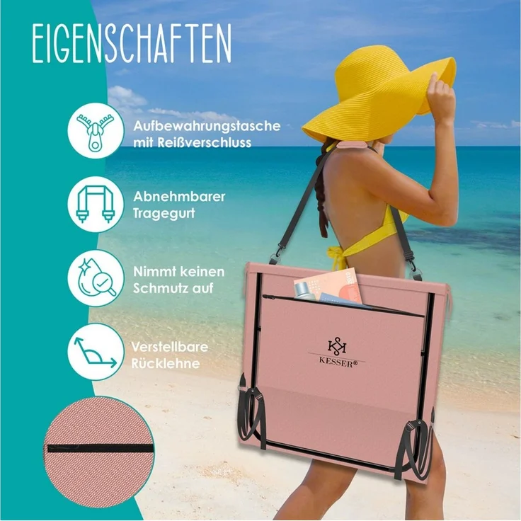 KESSER® Strandmatte klappbar mit verstellbarer Rückenlehne, Strandliege faltbar mit Tragegurt, wasserdichter Handyhülle & Aufbewahrungstasche, Sonnenliege für Strand Garten Terrasse, Liegematte 130Kg Rosa, 1er Set / 50W – Bild 4