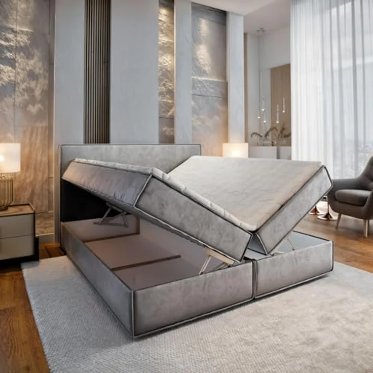 Masseno Boxspringbett PELLIO 180x200 cm, Komplett-Set mit Bonell Matratze, Topper und Bettkästen, cremefarben – Bild 5