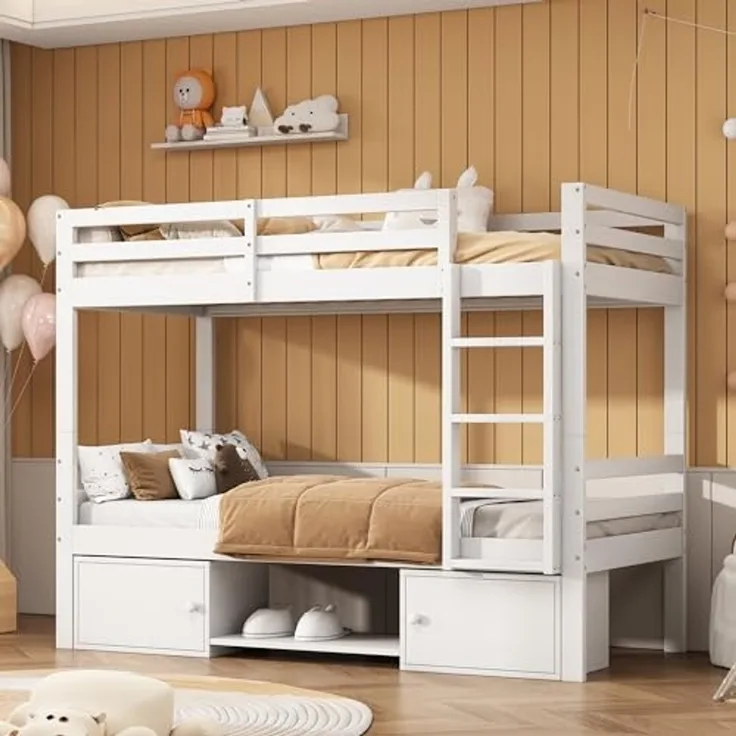 Ball & Cast Hochbett (90x200 cm) Kinderbett mit Schuhregalen und Spinden, Etagenbett mit Fallschutz und Gitterstäben für 2 Kinder, Weiß