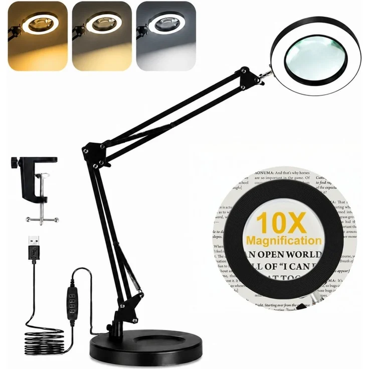 Toomoke Lupenlampe Lupenleuchte, Klemmleuchte für Lesen und Präzisionsarbeit, Arbeitslupe, Tischlupe für Nähen, Basteln, Elektronik und Kosmetik, 10-fach, 4,3 Zoll Glaslinse, 10 W, 72 LEDs, 3 Lichtfarben – Bild 1