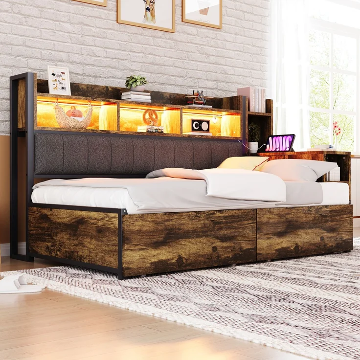 EINHOM Eisen Sofabett 90 x 200 cm mit Stauraum, Metall + Holz, mit Vielseitigen Staufächern & Schließfächern, Multifunktionalen Steckdosen & LED-Beleuchtung, Komplett mit Großen Schubladen und einem Ausziehbaren Schreibtisch, Naturholz (Ohne Matratze) – Bild 4
