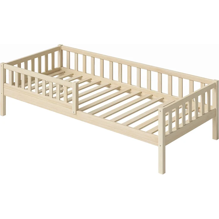 Bellabino 'Vils' Kinderbett 90x200 cm mit Matratze, natur, Kiefer Massivholz, Montessori Bett mit Lattenrost und mit abnehmbarem Rausfallschutz – Bild 2