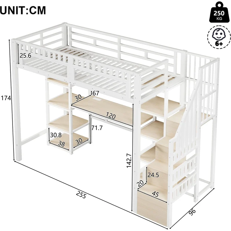Hochbett 90 x 200 cm mit Eisenrahmen, Ablagefach, Leiter mit Stauraum, Schreibtisch, LED-Lichtleiste, USB-Anschluss, ohne Matratze, Weiß – Bild 8