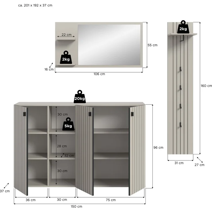 Garderobenkombination (B/H/T: 201x192x37 cm) in Kaschmir Nachbildung – Bild 4