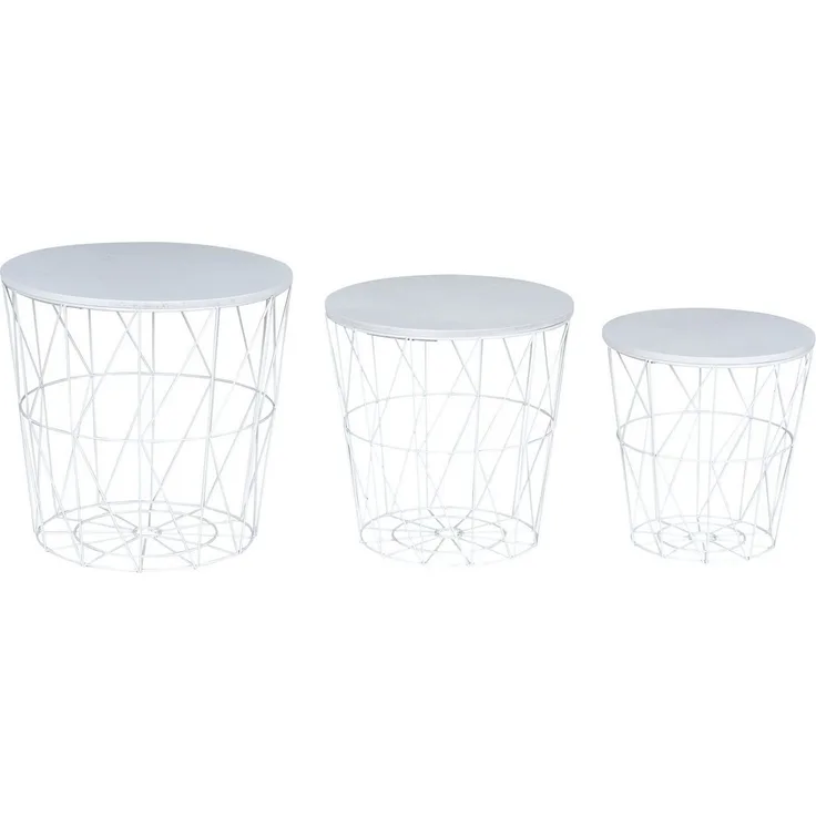 levandeo 3er Set Beistelltisch Metall Metallkorb Drahtkorb Weiß Couchtisch Deckel Aufbewahrung Design Deko Tisch
