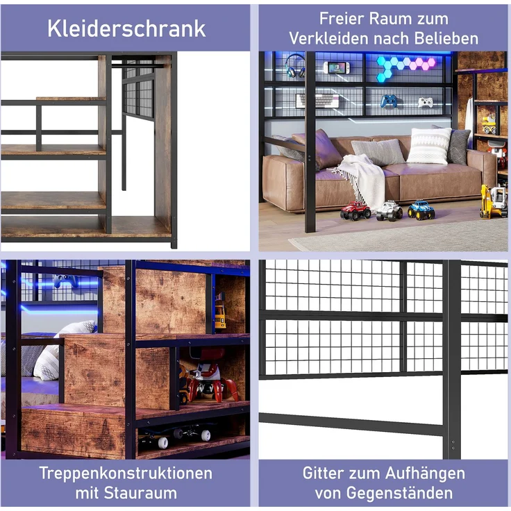 EINHOM Hochbett, 140 x 200 cm, Eisenrahmen, Kleiderschrank, Stauraumleiter, Gitter zum Aufhängen von Gegenständen, Freifläche unter dem Bett, 7-farbige LED-Leuchten, Schwarz (Ohne Matratze) – Bild 5