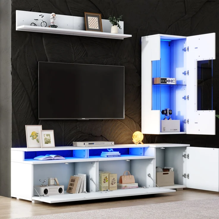 TV Wohnwand Set 3-teilig LED Beleuchtung Hochglanz Wohnzimmer Möbel Set Frontale Wohnwand 1 x TV Schrank, 1 x Wohnzimmer Vitrine, 1 x Hängeregal, TV bis 80' Weiß--Weiß--77.5x54.61x22cm--YOUDENOVA – Bild 7