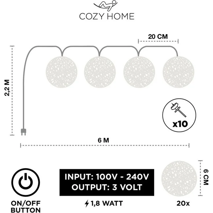 COZY HOME LED-Lichterkette Cotton Balls - Strombetrieben, 20 LED I 6m I Warmweiße LED-Cotton Ball I Hausbett Bunt Deko – Bild 3