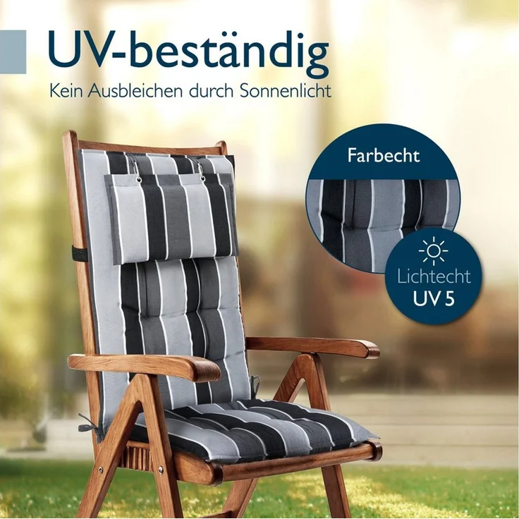 Beautissu Hochlehnerauflage 6er Set Sun-HL Hochlehner Auflage 120x50x8cm Anthrazit-Gestreift, Mit Kopfpolster, rutschfest & robust – Befestigungsbänder, UV 5 – Bild 4