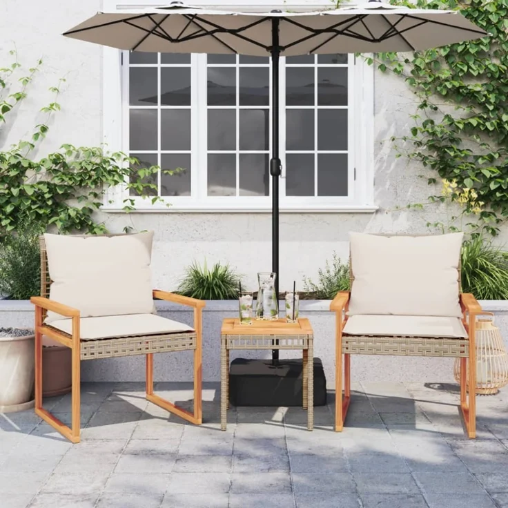 vidaXL 3-tlg. Bistro-Set mit Kissen Beige Poly Rattan Akazienholz 365861 – Bild 2