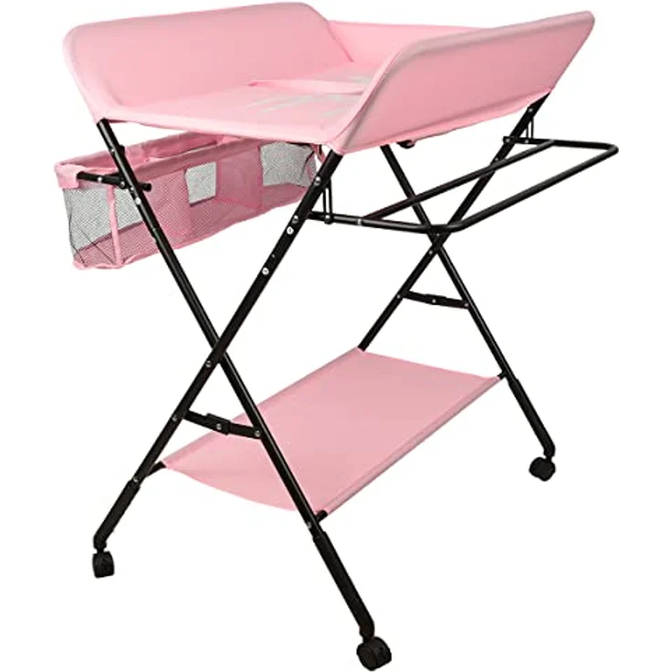 Baby Wickelkombi Klappbare Wickelkommode,Wickeltisch mit Rollen,Mobiler Wickeltisch mit Wickelauflage,Sicherheitsgurt und Ablagefächern-80 * 66 * 98cm (dunkelrosa) – Bild 3