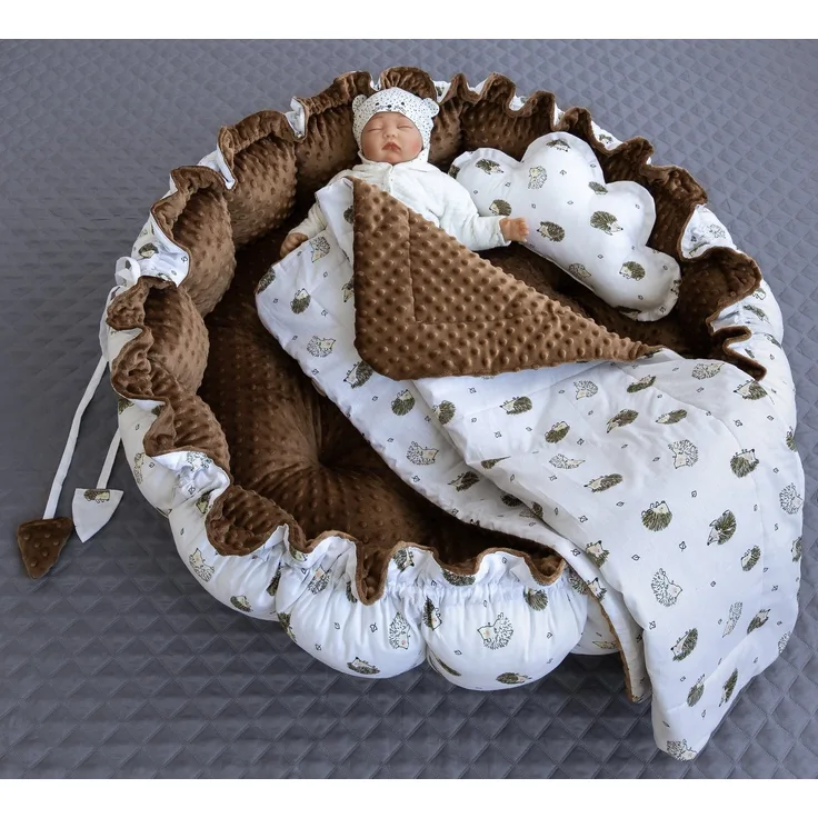 Loolay Bettnestchen IGEL Braun/ MINKY ENGELSNEST Nestchen Babynest Unterlage beige, (PREMIUM Babyausstattung XXL Babykokon als Nestchen Ø90cm, als Krabbeldecke Ø155cm, 2-tlg, Babynestchen Krabbeldecke Reisebett ►SETS MIT KISSEN u./o. BABYDECKE), 100% E...