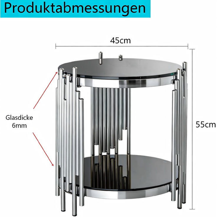 Couchtisch 45 cm rund aus gehärtetem Glas und Edelstahl in Schwarz/Silber – Bild 5