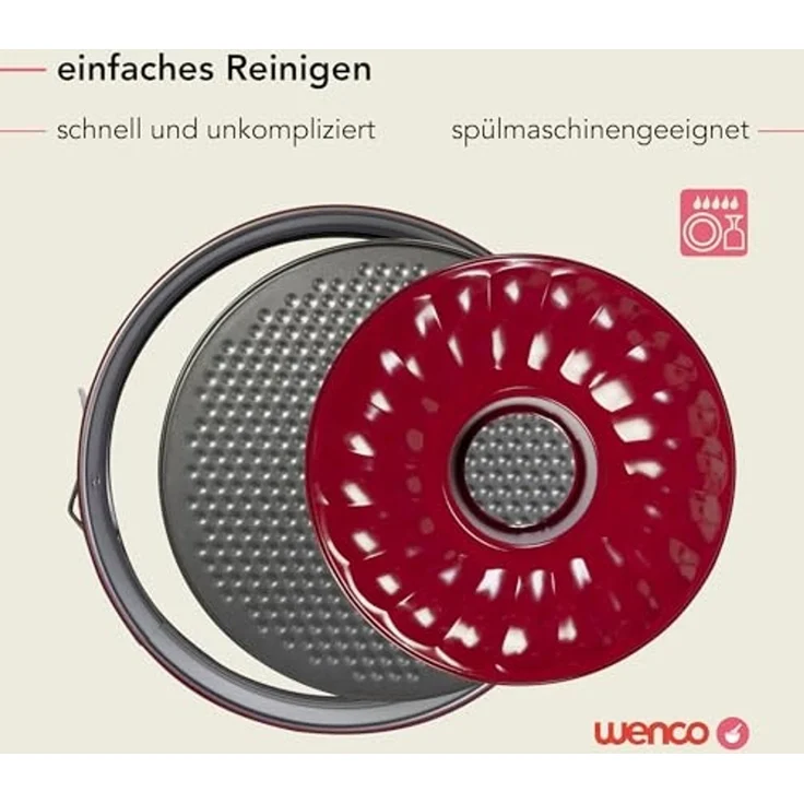 wenco Springform 26 cm, Kuchenform mit Flach- und Rohrboden, 2 Böden, runde Backform, auslaufsicher, antihaftbeschichtet, rot – Bild 6