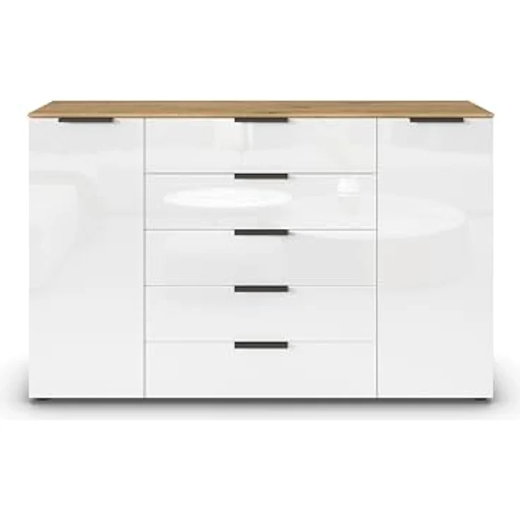 Rauch Möbel Flipp, Kombikommode, Kommode mit Stauraum für Wohnzimmer, Schlafzimmer, Flur, 4 Fachböden, Eiche Artisan/Glasfront Weiß, 2-türig, Glastüren, 5 Schubkästen, Griffe graphit, 160 x 100 x 42 cm – Bild 5