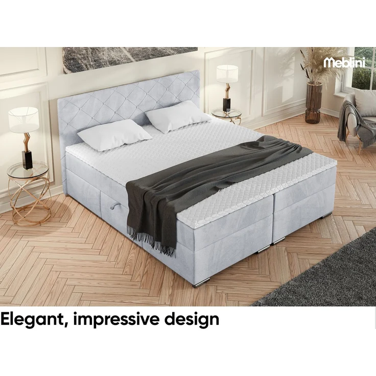 MEBLINI Boxspringbett MALDINI 180x200cm - H3B/Hellgrau Samt - mit Bettkasten - Polsterbett - Doppelbett mit Topper & Bonellfederkern-Matratze – Bild 4