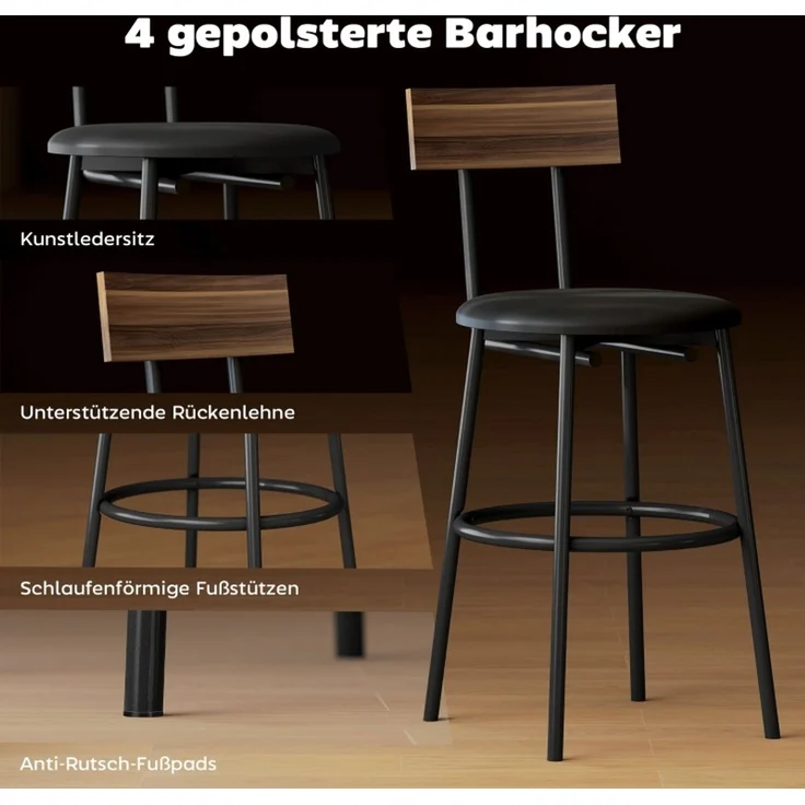 Bartisch-Set 110x55x90 cm in Braun mit 4 gepolsterten Kunstleder-Barhockern – Bild 8