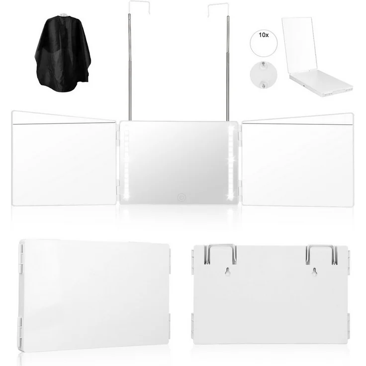 SinLaw LED-Lichtspiegel 360° Schminkspiegel,Drei Spiegel, Tragbarer Spiegel mit Licht,Weiß, Mit LED-Verstellleuchte und Haken – Bild 4